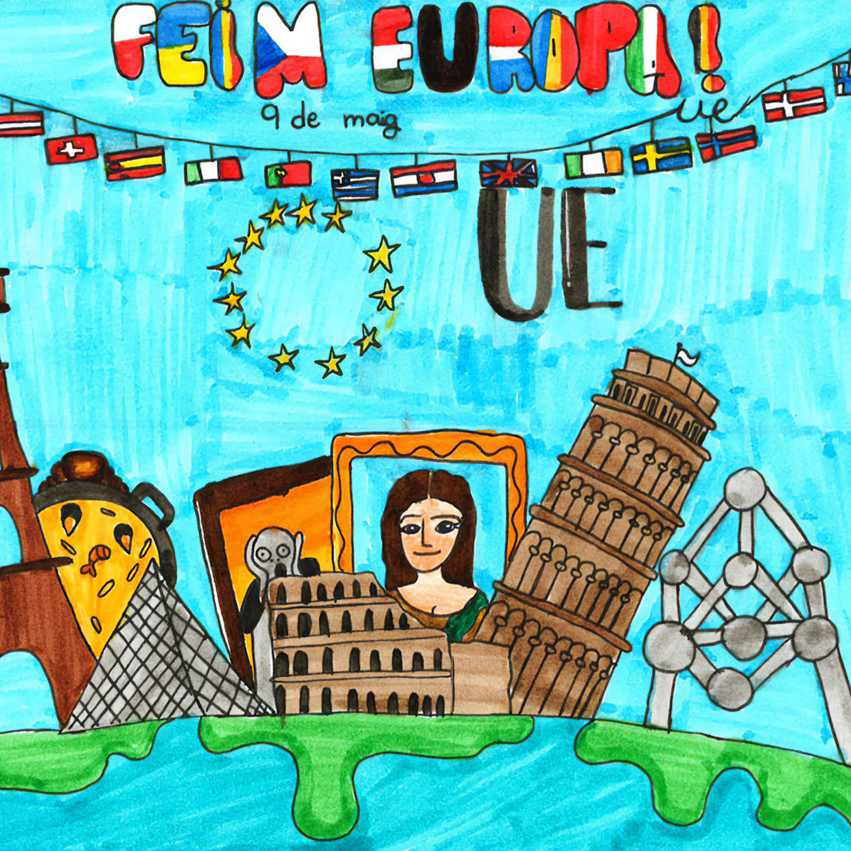 Na Faith, alumna de 5è de primària del col·legi concertat Beata Francinaina Cirer d'Inca (FECIB), rep el diploma del segon premi del concurs Pinta Europa de mans de la presidenta del Govern, Marga Prohens, durant l'ExpoTecno.