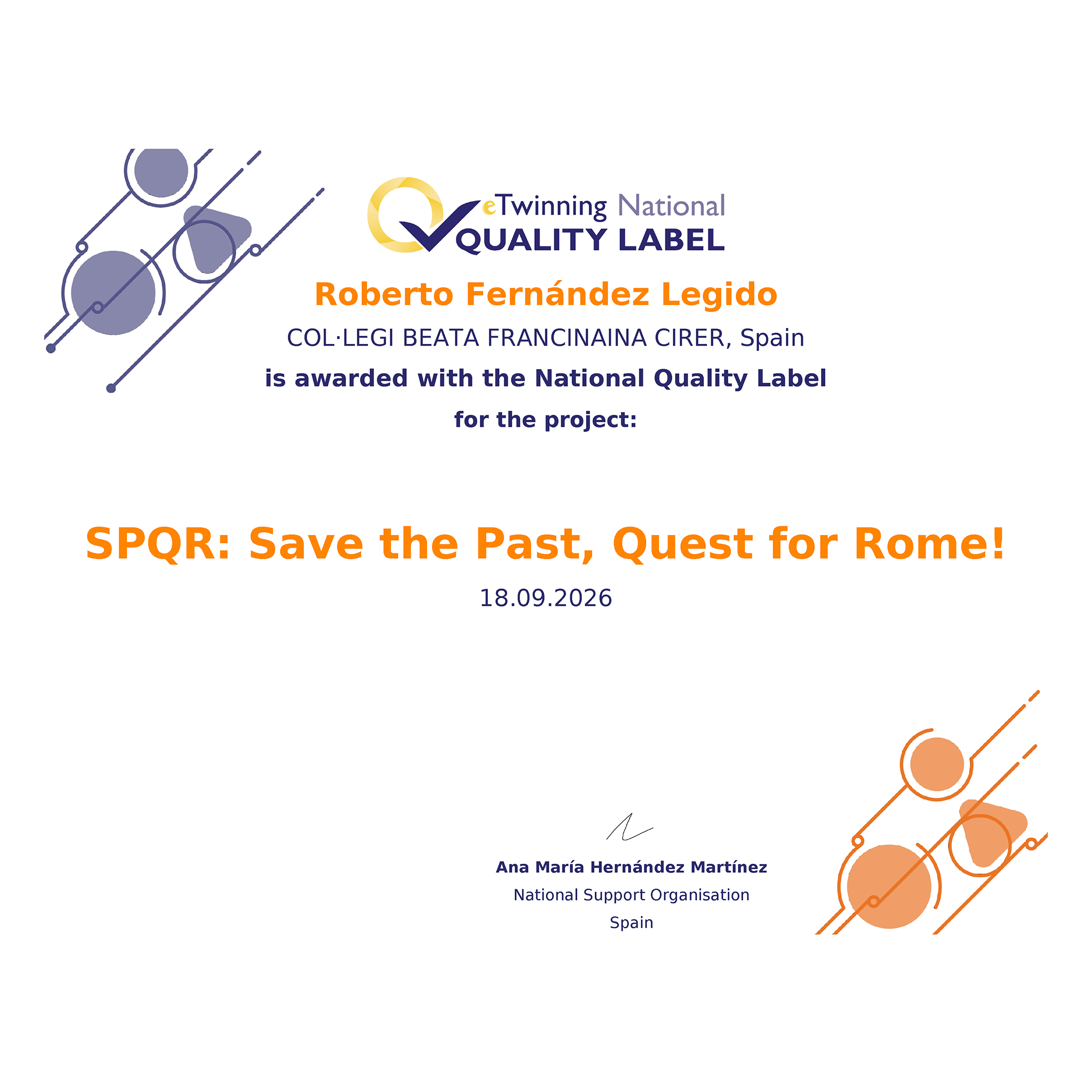 El projecte eTwinning SPQR: Save the Past, Quest for Rome, ha obtengut el segell de qualitat nacional.